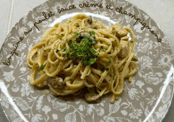 Linguine poulet sauce crème et champignons
